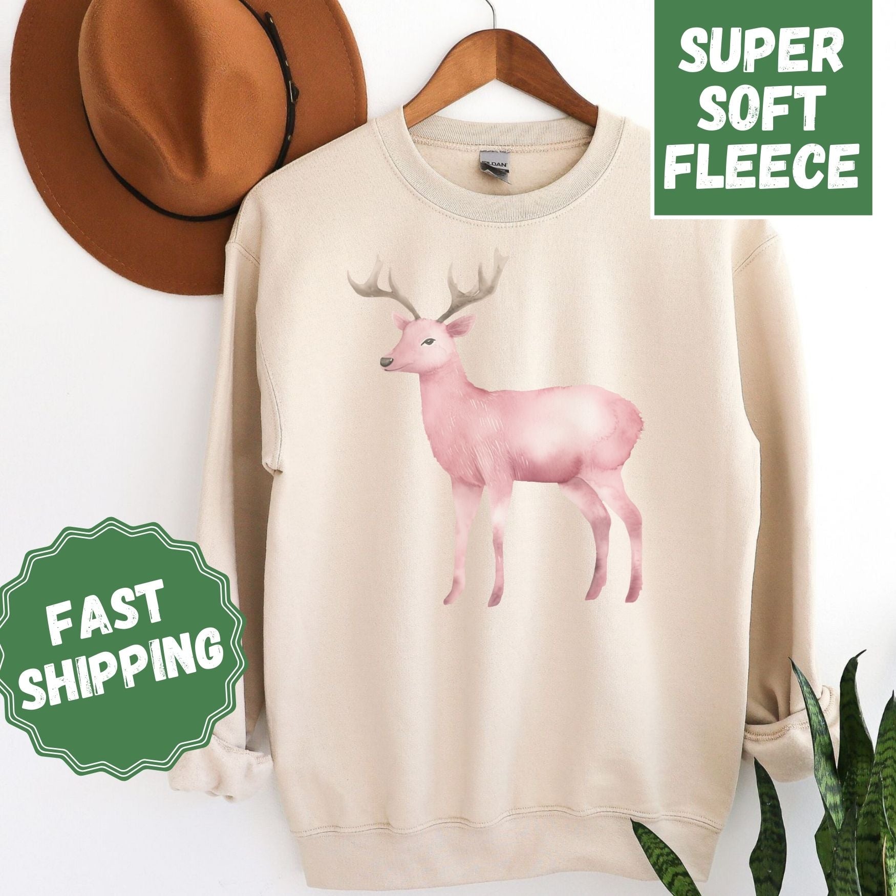 Pink Deer Crewneck Sweatshirt, Womenswear Christmas Soft Printed Sweatshirt, Cozy Holiday Oversized Top