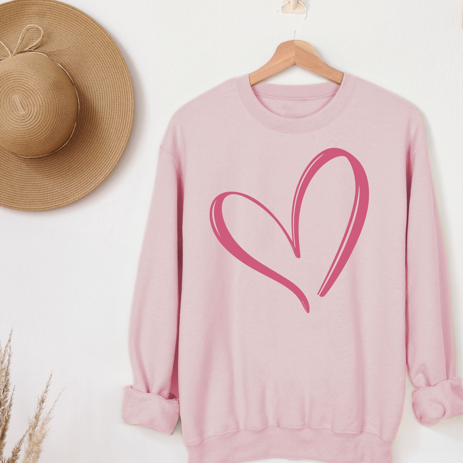 Pink Heart Crewneck Sweatshirt, Womenswear Valentine's Day Soft Printed Sweatshirt, Cozy Love Day Oversized Top