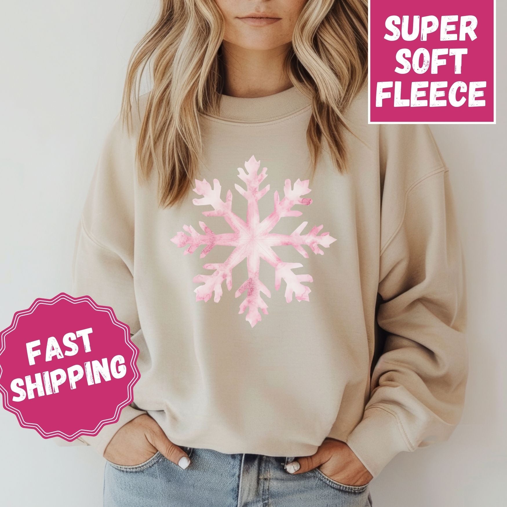 Pink Snowflake Crewneck Sweatshirt, Womenswear Christmas Soft Printed Sweatshirt, Cozy Holiday Oversized Top