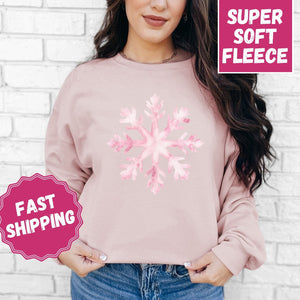 Pink Snowflake Crewneck Sweatshirt, Womenswear Christmas Soft Printed Sweatshirt, Cozy Holiday Oversized Top