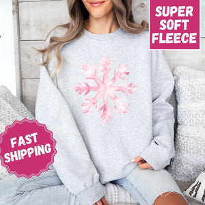 Pink Snowflake Crewneck Sweatshirt, Womenswear Christmas Soft Printed Sweatshirt, Cozy Holiday Oversized Top