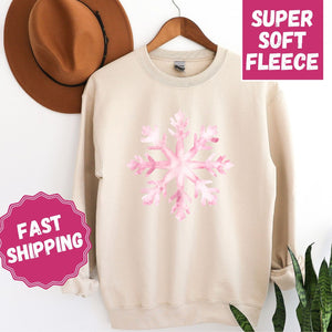 Pink Snowflake Crewneck Sweatshirt, Womenswear Christmas Soft Printed Sweatshirt, Cozy Holiday Oversized Top