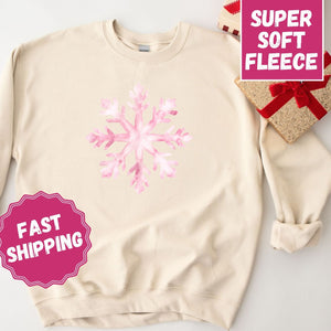 Pink Snowflake Crewneck Sweatshirt, Womenswear Christmas Soft Printed Sweatshirt, Cozy Holiday Oversized Top