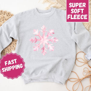 Pink Snowflake Crewneck Sweatshirt, Womenswear Christmas Soft Printed Sweatshirt, Cozy Holiday Oversized Top