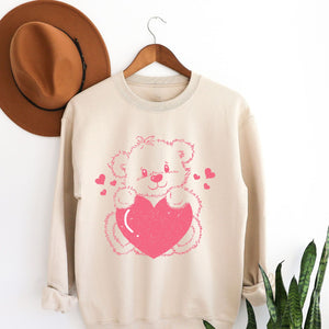 Retro Bear Crewneck Sweatshirt, Womenswear Valentine's Day Soft Printed Sweatshirt, Cozy Love Day Oversized Top