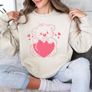 Retro Bear Crewneck Sweatshirt, Womenswear Valentine's Day Soft Printed Sweatshirt, Cozy Love Day Oversized Top