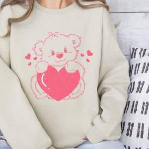 Retro Bear Crewneck Sweatshirt, Womenswear Valentine's Day Soft Printed Sweatshirt, Cozy Love Day Oversized Top