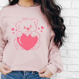 Retro Bear Crewneck Sweatshirt, Womenswear Valentine's Day Soft Printed Sweatshirt, Cozy Love Day Oversized Top