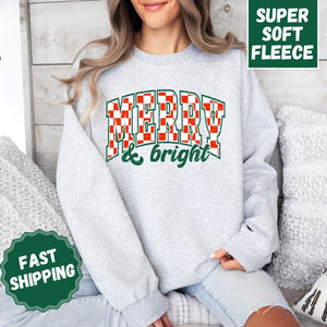 Retro Merry and Bright Crewneck Sweatshirt, Womenswear Christmas Soft Printed Sweatshirt, Cozy Holiday Oversized Top