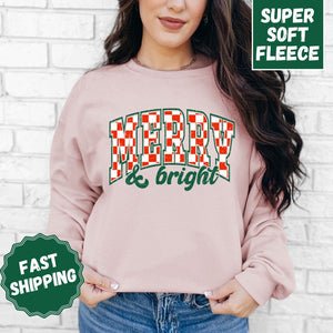 Retro Merry and Bright Crewneck Sweatshirt, Womenswear Christmas Soft Printed Sweatshirt, Cozy Holiday Oversized Top