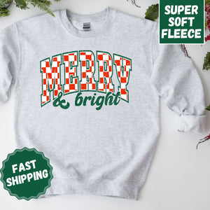 Retro Merry and Bright Crewneck Sweatshirt, Womenswear Christmas Soft Printed Sweatshirt, Cozy Holiday Oversized Top