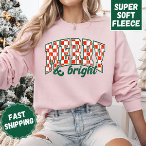 Retro Merry and Bright Crewneck Sweatshirt, Womenswear Christmas Soft Printed Sweatshirt, Cozy Holiday Oversized Top