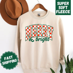 Retro Merry and Bright Crewneck Sweatshirt, Womenswear Christmas Soft Printed Sweatshirt, Cozy Holiday Oversized Top