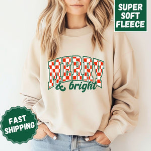 Retro Merry and Bright Crewneck Sweatshirt, Womenswear Christmas Soft Printed Sweatshirt, Cozy Holiday Oversized Top