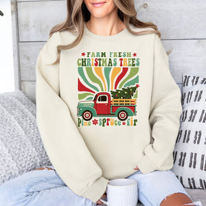 Retro Farm Fresh Christmas Trees Crewneck, Womenswear Christmas Soft Printed Sweatshirt, Fuzzy Holiday Oversized Top