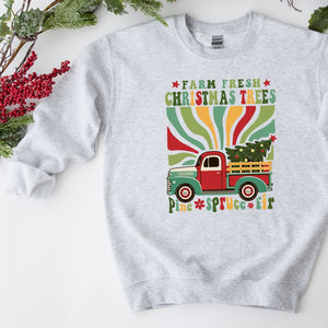 Retro Farm Fresh Christmas Trees Crewneck, Womenswear Christmas Soft Printed Sweatshirt, Fuzzy Holiday Oversized Top