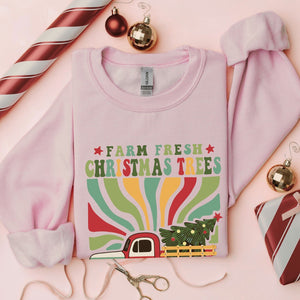 Retro Farm Fresh Christmas Trees Crewneck, Womenswear Christmas Soft Printed Sweatshirt, Fuzzy Holiday Oversized Top