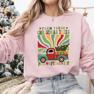 Retro Farm Fresh Christmas Trees Crewneck, Womenswear Christmas Soft Printed Sweatshirt, Fuzzy Holiday Oversized Top