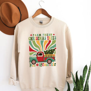 Retro Farm Fresh Christmas Trees Crewneck, Womenswear Christmas Soft Printed Sweatshirt, Fuzzy Holiday Oversized Top