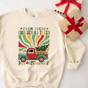 Retro Farm Fresh Christmas Trees Crewneck, Womenswear Christmas Soft Printed Sweatshirt, Fuzzy Holiday Oversized Top