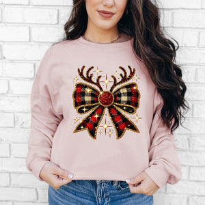 Sequin Reindeer Bow Crewneck