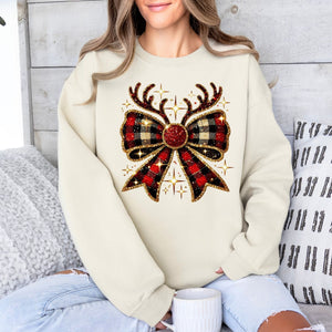 Sequin Reindeer Bow Crewneck