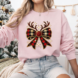 Sequin Reindeer Bow Crewneck