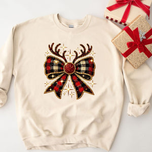 Sequin Reindeer Bow Crewneck