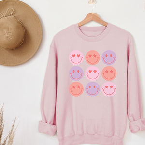 Smiley Grid Crewneck Sweatshirt, Womenswear Valentine's Day Soft Printed Sweatshirt, Cozy Love Day Oversized Top