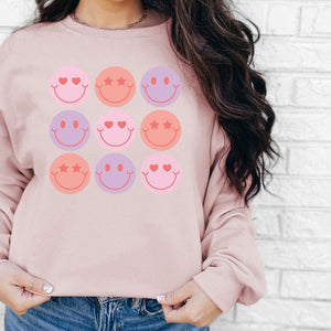 Smiley Grid Crewneck Sweatshirt, Womenswear Valentine's Day Soft Printed Sweatshirt, Cozy Love Day Oversized Top