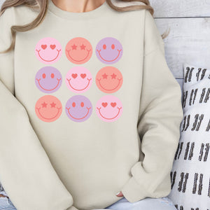 Smiley Grid Crewneck Sweatshirt, Womenswear Valentine's Day Soft Printed Sweatshirt, Cozy Love Day Oversized Top