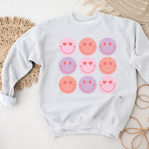 Smiley Grid Crewneck Sweatshirt, Womenswear Valentine's Day Soft Printed Sweatshirt, Cozy Love Day Oversized Top