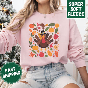 Turkey Floral Crewneck Sweatshirt, Womenswear Thanksgiving Soft Printed Sweatshirt, Cozy Holiday Oversized Top