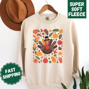 Turkey Floral Crewneck Sweatshirt, Womenswear Thanksgiving Soft Printed Sweatshirt, Cozy Holiday Oversized Top