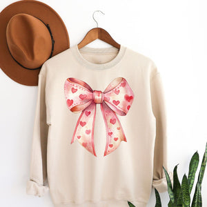 Valentine's Heart Bow Crewneck Sweatshirt, Womenswear Valentine's Day Soft Printed Sweatshirt, Cozy Love Day Oversized Top