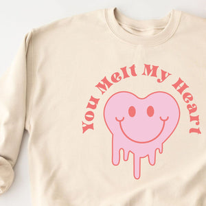 You Melt My Heart Crewneck Sweatshirt, Womenswear Valentine's Day Soft Printed Sweatshirt, Cozy Love Day Oversized Top